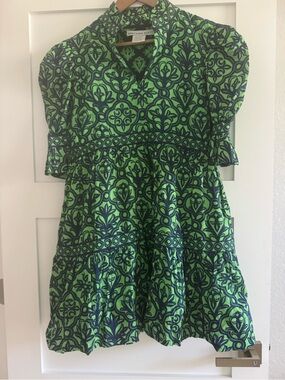 Gretchen Scott Designs Lime Green and Navy Printed Tiered Cotton Dress